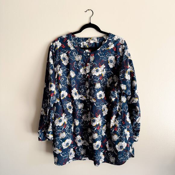 Duluth Trading Co Blue + White Floral Print Button Front Cotton Blouse - 2X - Picture 1 of 7